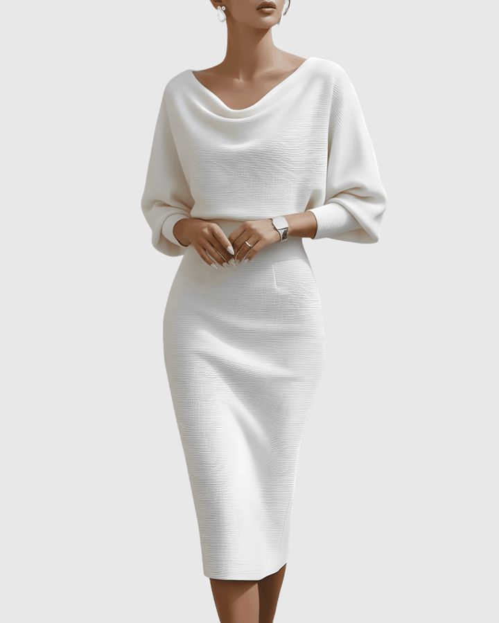 Ismeria | Woman’s White Draped Batwing Midi Dress Evening Cocktail Dress