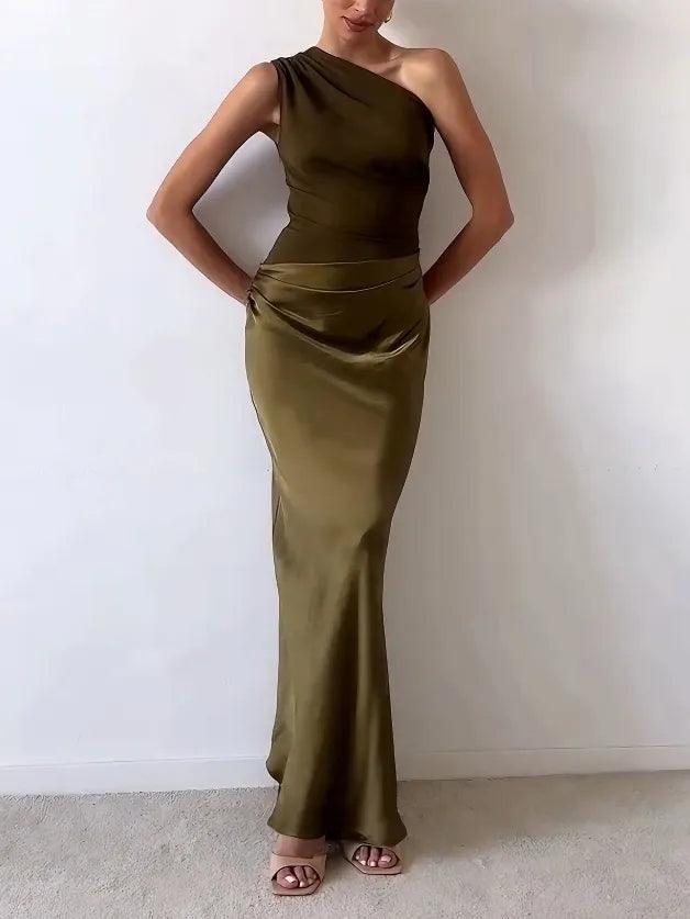 Anita| Woman’s Elegant One Shoulder Neck Pleated Cocktail Maxi Dress