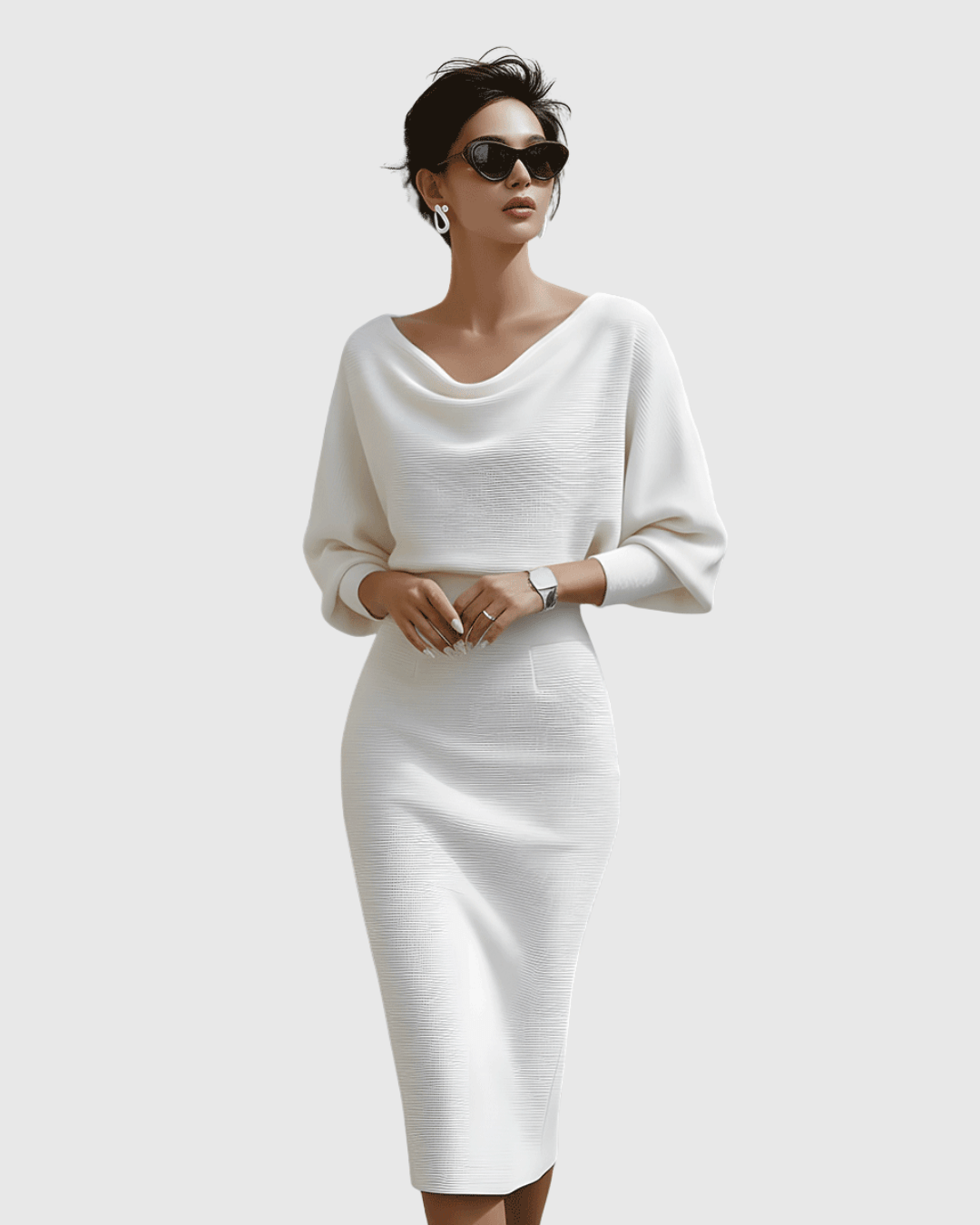 Ismeria | Woman’s White Draped Batwing Midi Dress Evening Cocktail Dress