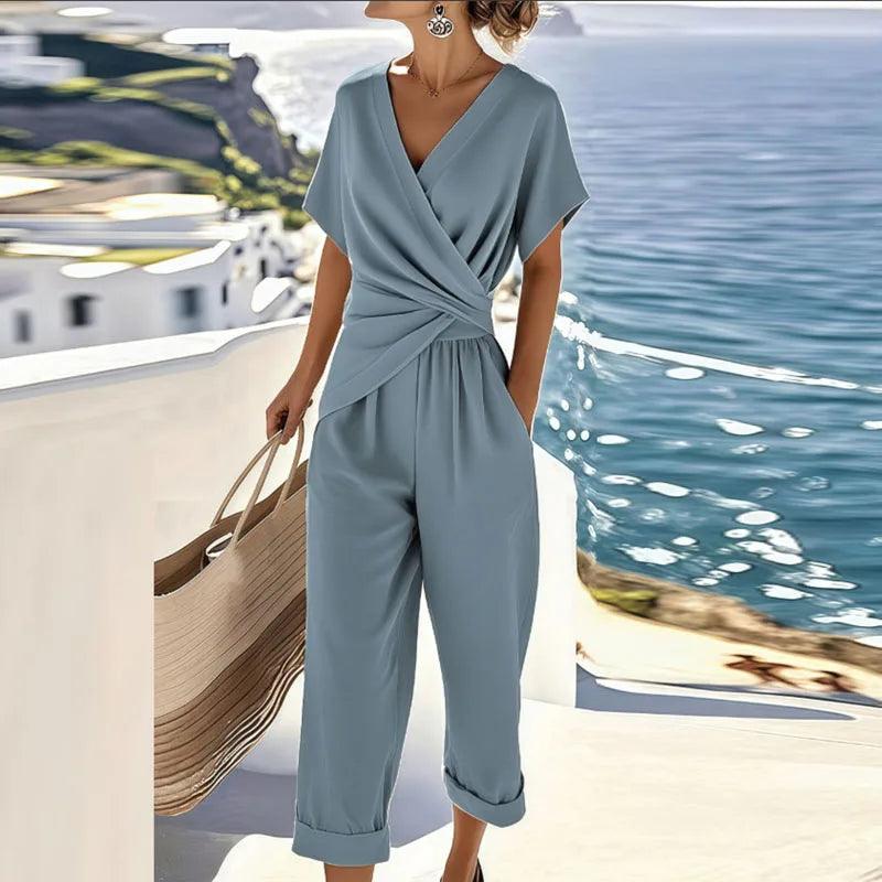 Kimberly| Woman’s Elegant Two-Piece V-Neck Jumpsuit Set – Casual Vacation Outfit