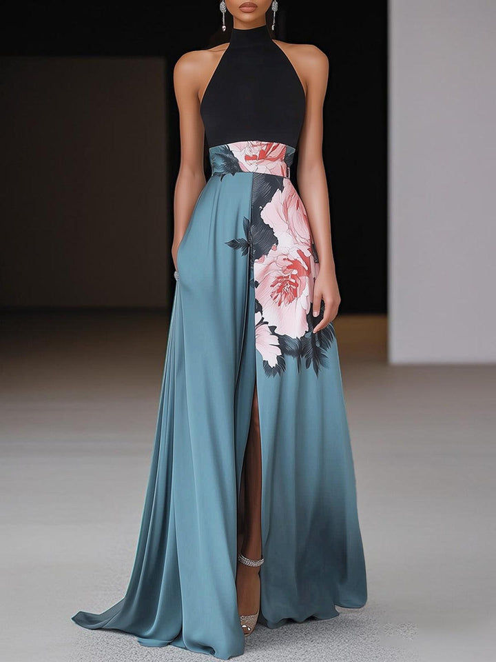 Janelle | Black Slit Floral Classic Crew Neck Sleeveless A-Line Maxi Dress for Women