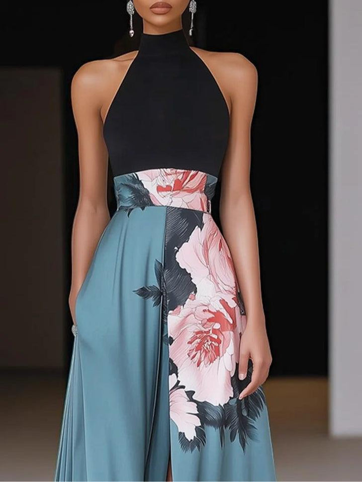 Janelle | Black Slit Floral Classic Crew Neck Sleeveless A-Line Maxi Dress for Women