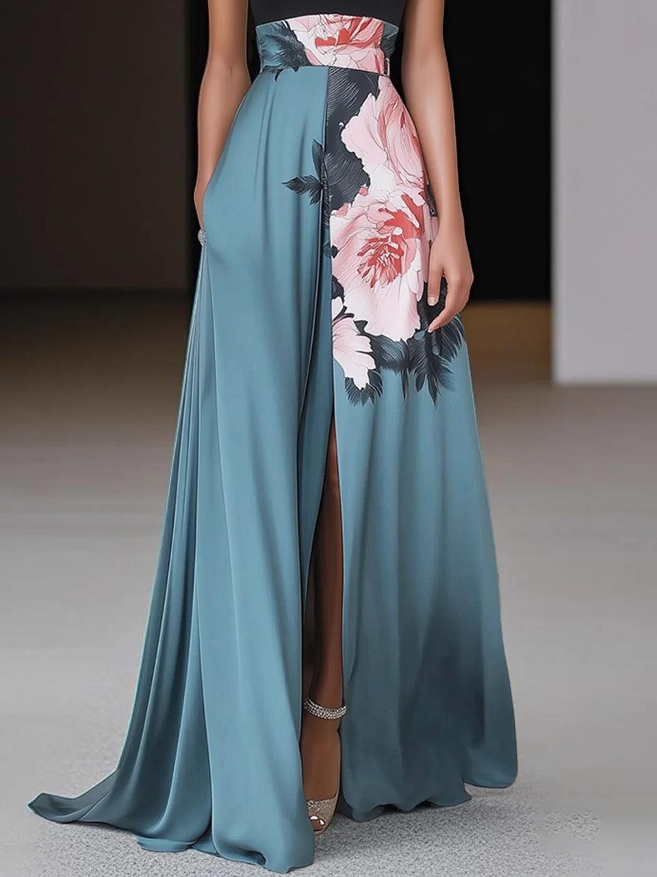 Janelle | Black Slit Floral Classic Crew Neck Sleeveless A-Line Maxi Dress for Women
