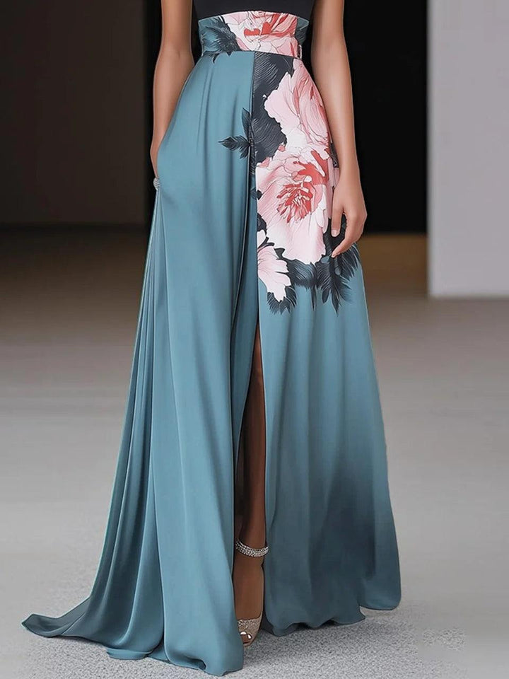 Janelle | Black Slit Floral Classic Crew Neck Sleeveless A-Line Maxi Dress for Women