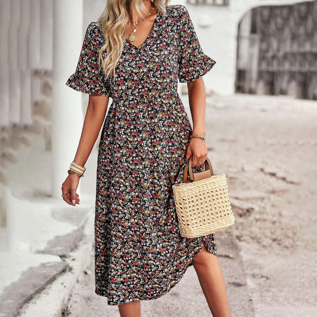 Lauren | Women's V-Neck Ruffle Sleeve Midi Dress