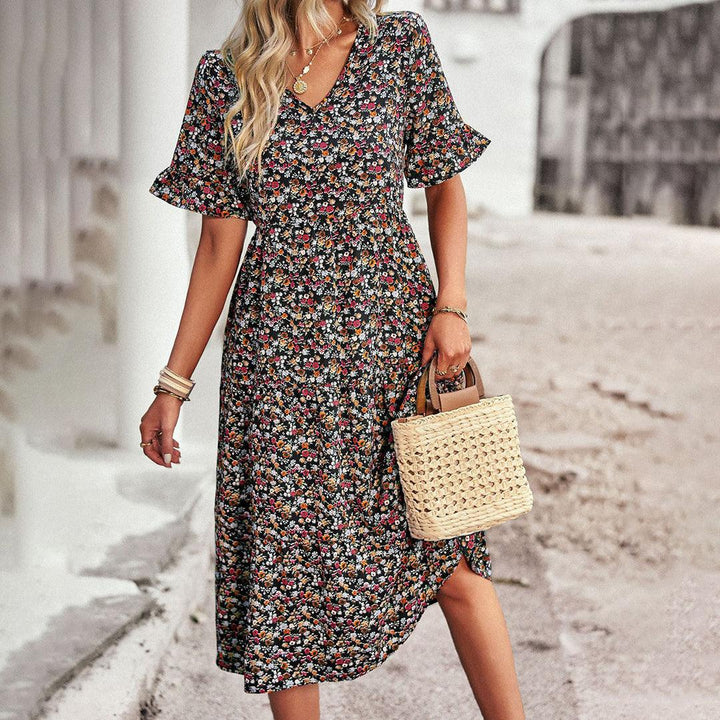 Lauren | Women's V-Neck Ruffle Sleeve Midi Dress
