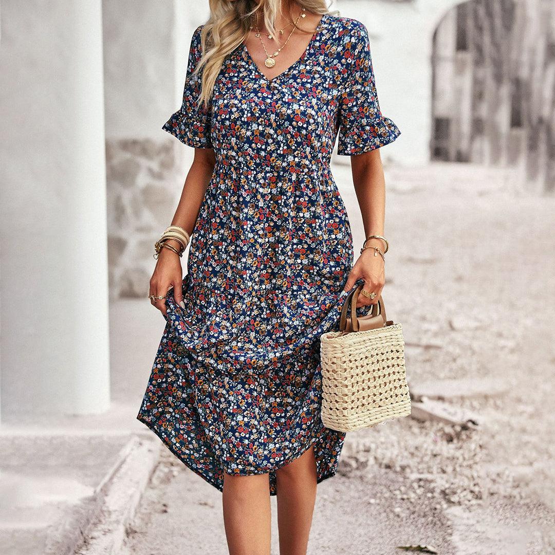 Lauren | Women's V-Neck Ruffle Sleeve Midi Dress