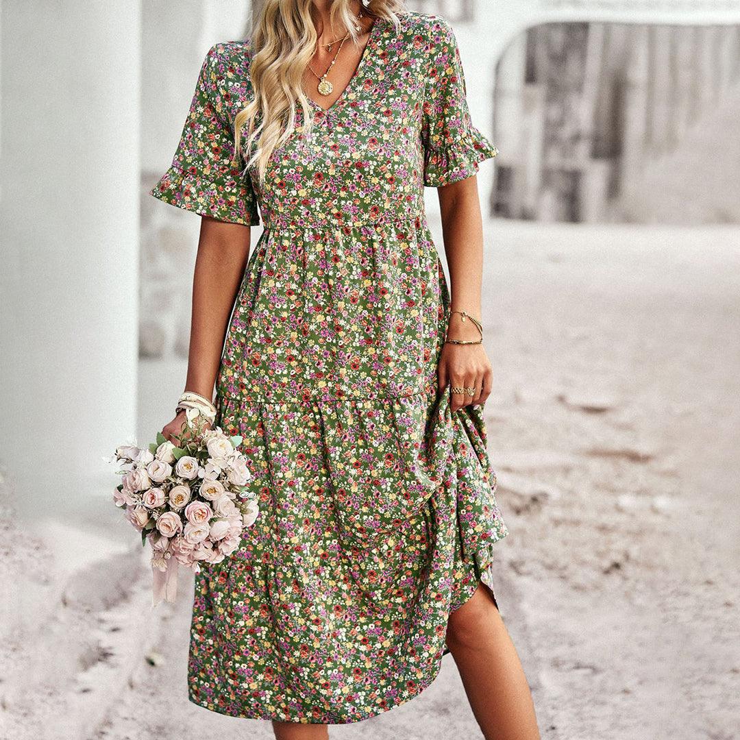 Lauren | Women's V-Neck Ruffle Sleeve Midi Dress
