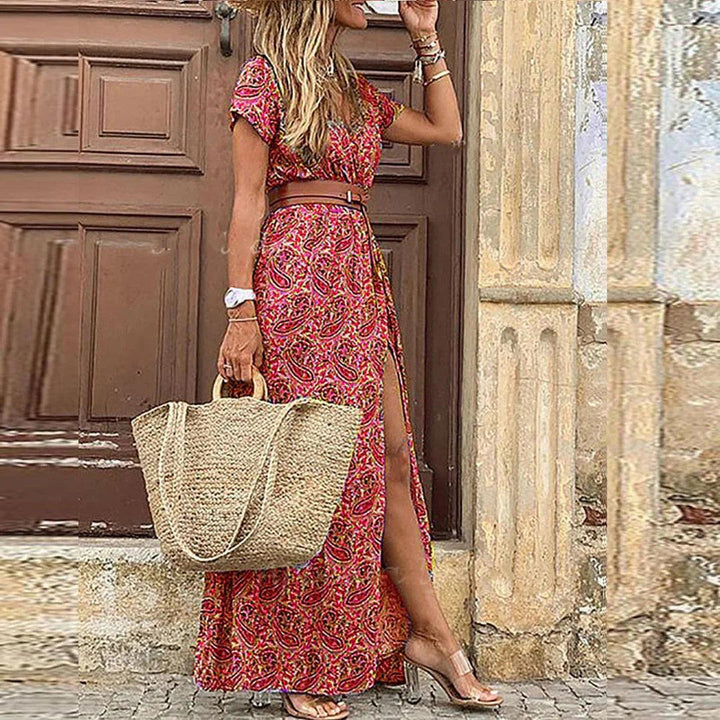 Justine | Woman’s Airy Boho Maxi Vacation Dress With Matching Belt