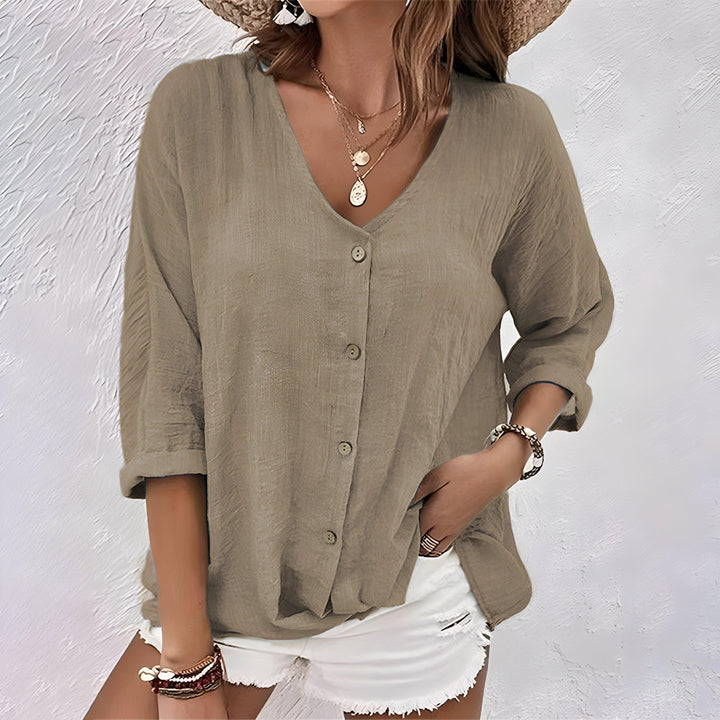 Marcia | Woman’s  Relaxed Button-Up Long Sleeve Faded wash Blouse