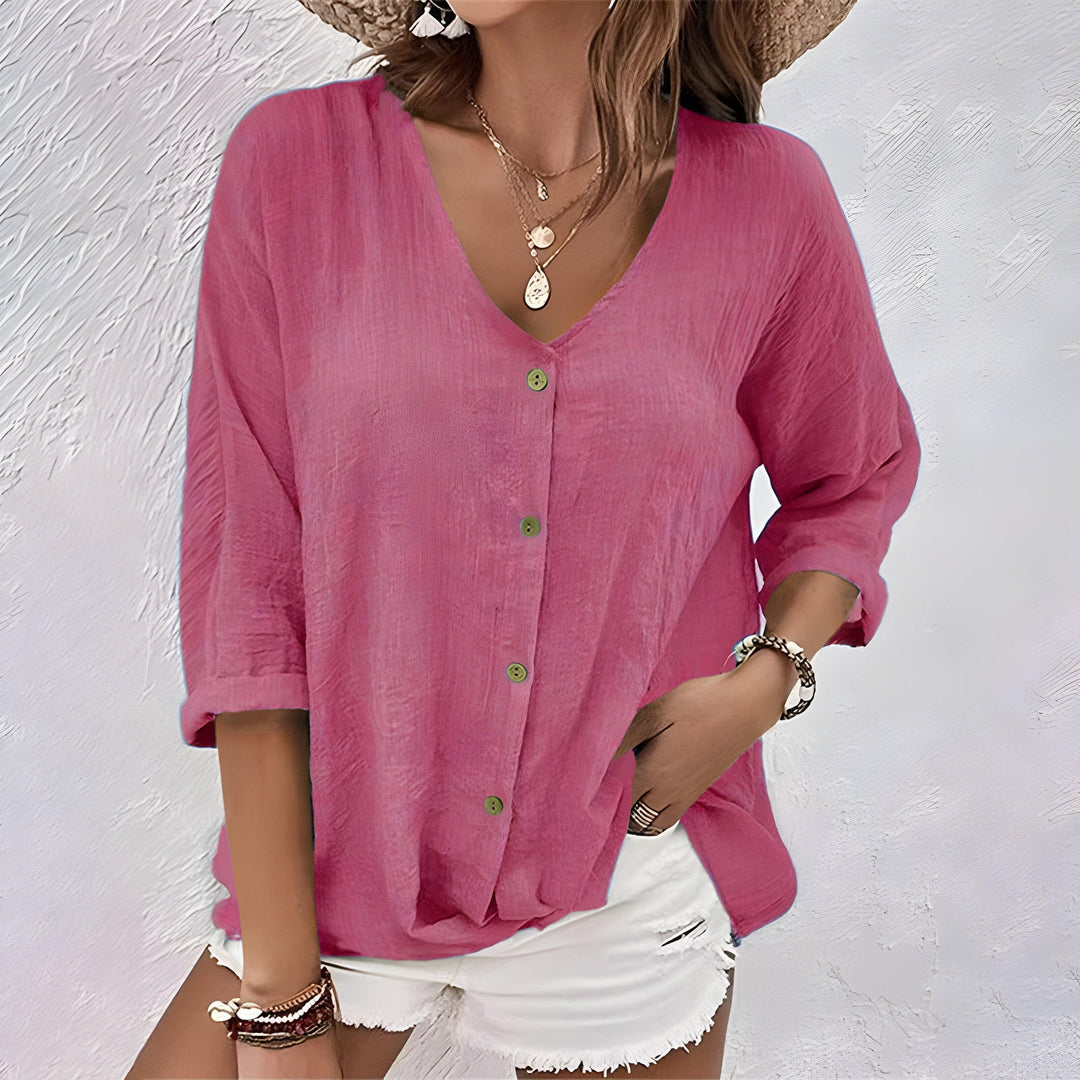 Marcia | Woman’s  Relaxed Button-Up Long Sleeve Faded wash Blouse