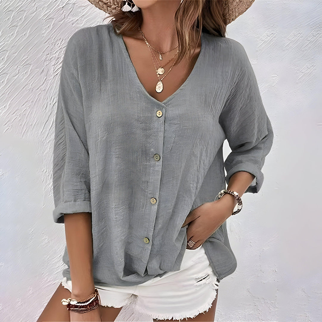 Marcia | Woman’s  Relaxed Button-Up Long Sleeve Faded wash Blouse